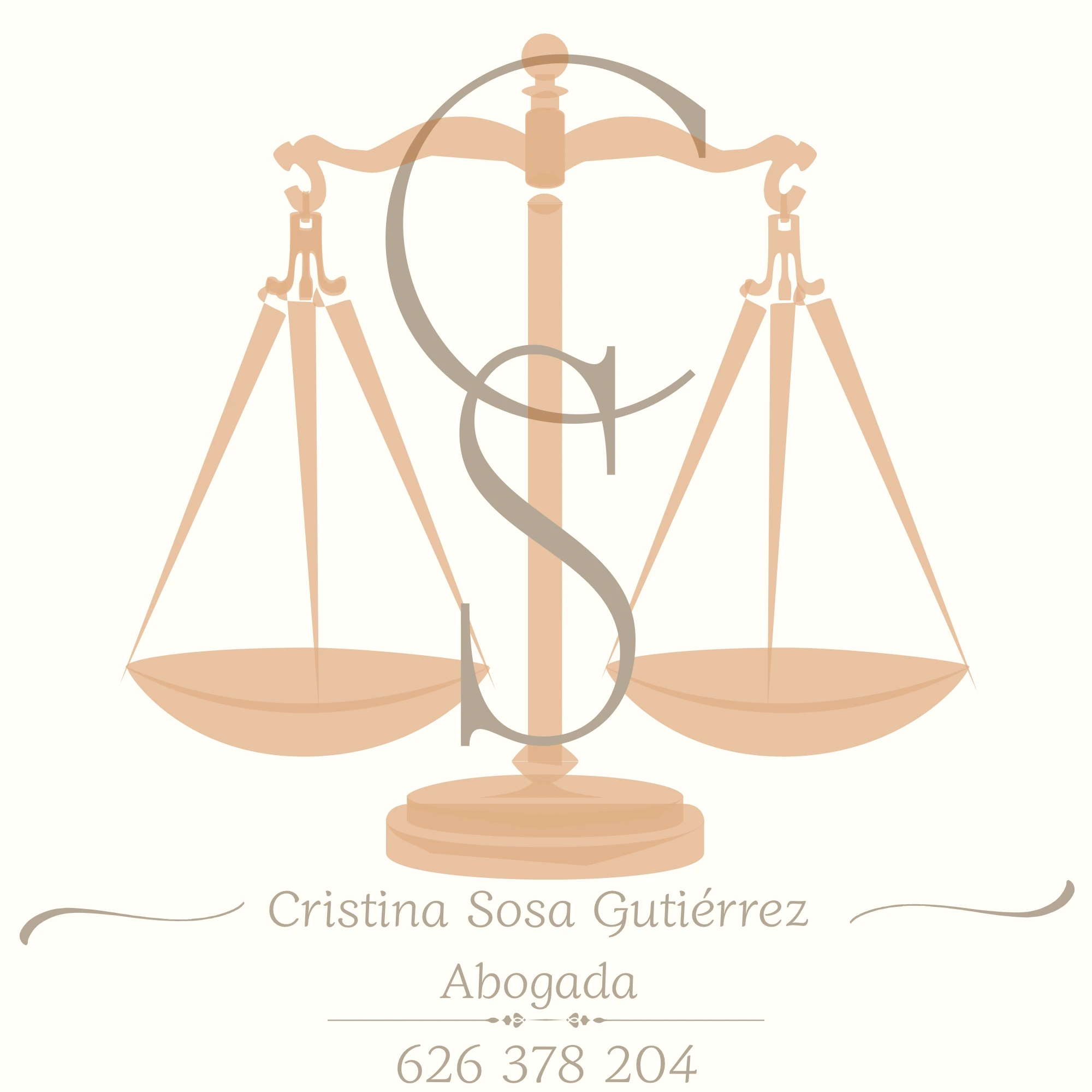 Logotipo original de Cristina Sosa Gutiérrez: balanza de justicia con iniciales CS, nombre y teléfono